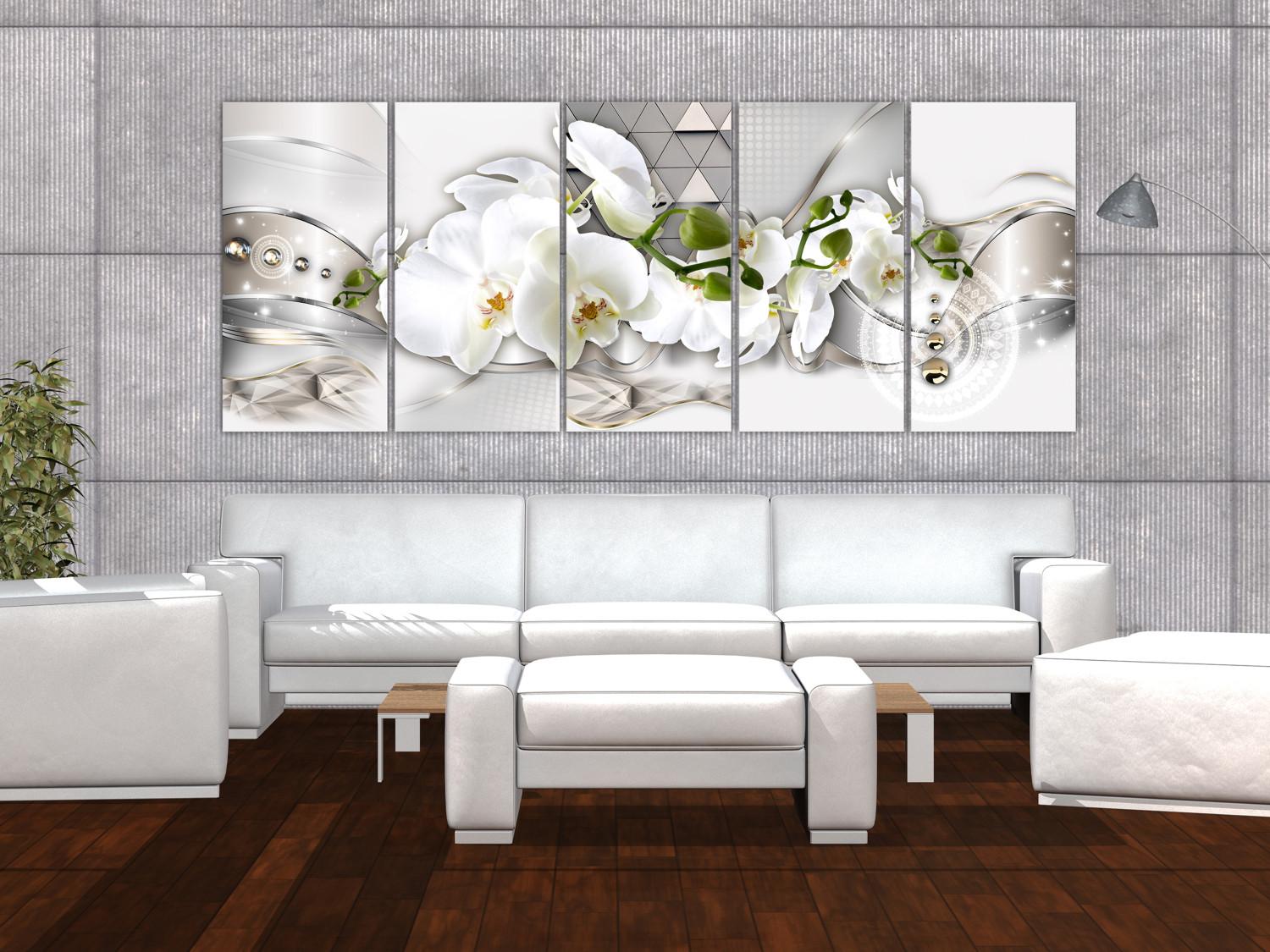 Cuadro decorativo Hermosas orquídeas (5 piezas) - flores blancas y figuras geométricas