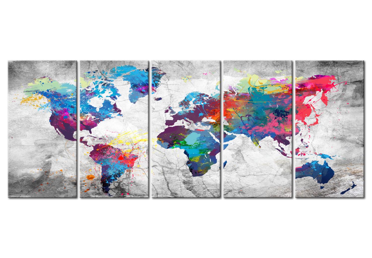 Cuadro moderno Mapa mundo: Pintura (5 piezas) - mundo colorido, fondo gris
