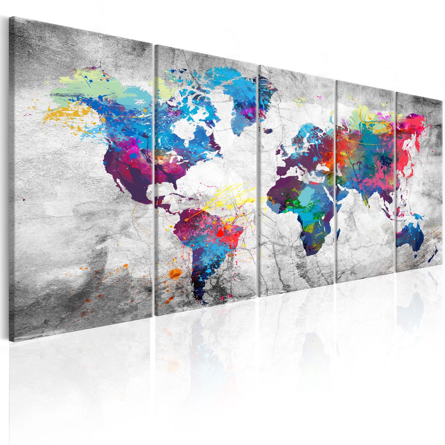 Cuadro moderno Mapa mundo: Pintura (5 piezas) - mundo colorido, fondo gris