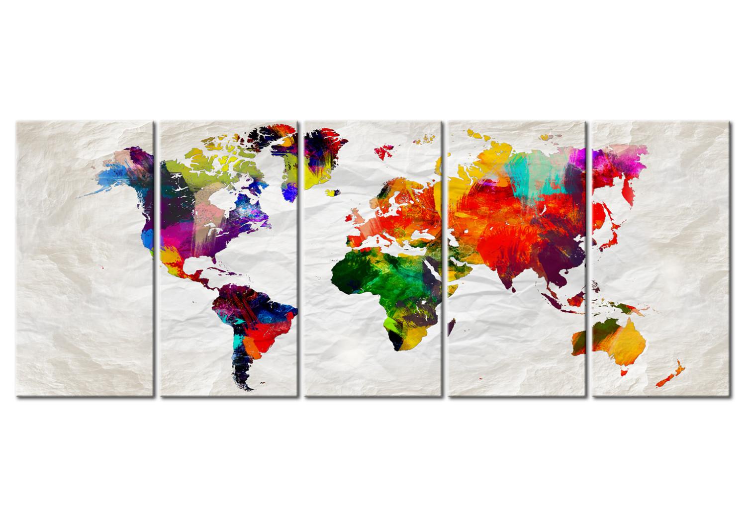 Cuadro moderno Mapa arrugado (5 piezas) - mapa del mundo en fondo de papel