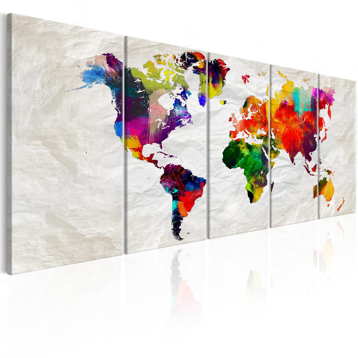 Cuadro moderno Mapa arrugado (5 piezas) - mapa del mundo en fondo de papel