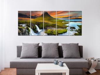 Cuadro decorativo Maravillosa Islandia (5 piezas) - cascada en paisaje verde