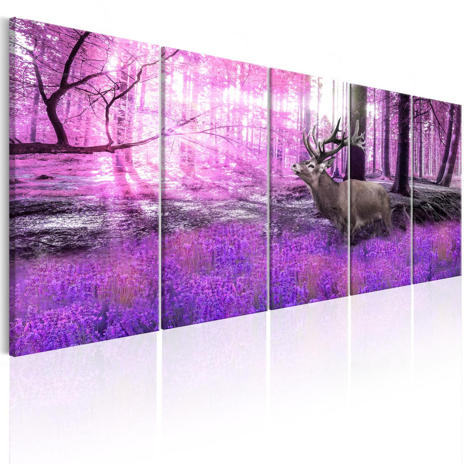 Cuadro moderno Lavanda del bosque (5 piezas) - ciervo entre árboles y flores rosadas