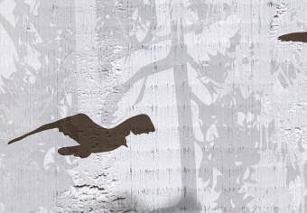 Fotomural decorativo Motivo minimalista - pájaros negros sobre blanco con textura de madera