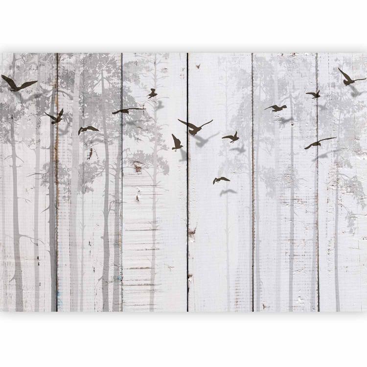Motivo minimalista - pájaros negros sobre blanco con textura de madera