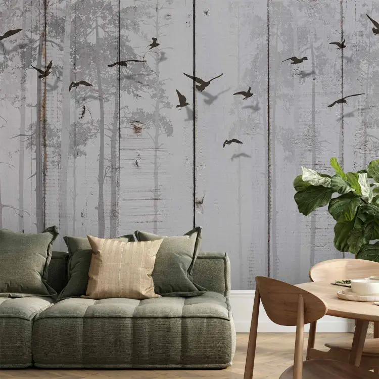 Motivo minimalista - pájaros negros sobre blanco con textura de madera