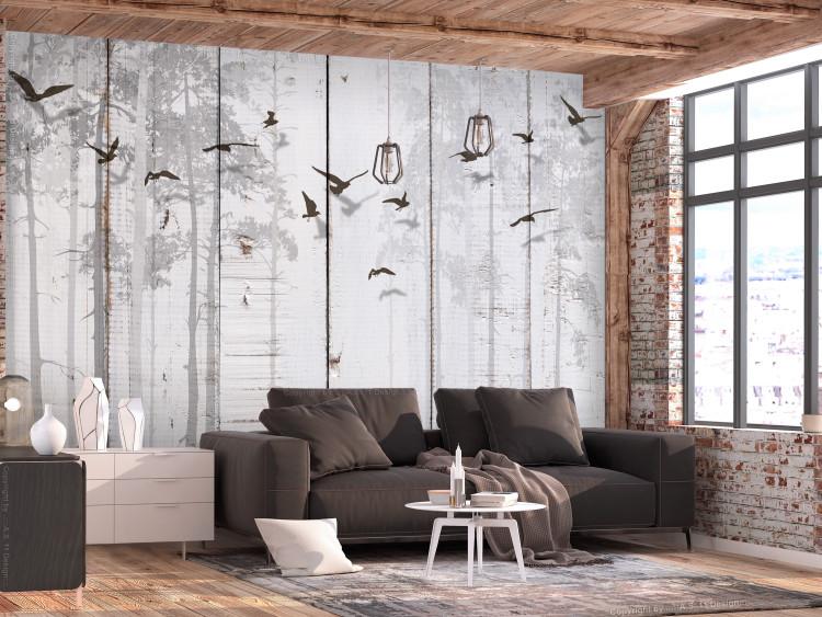 Fotomural Motivo minimalista - pájaros negros sobre blanco con textura de madera