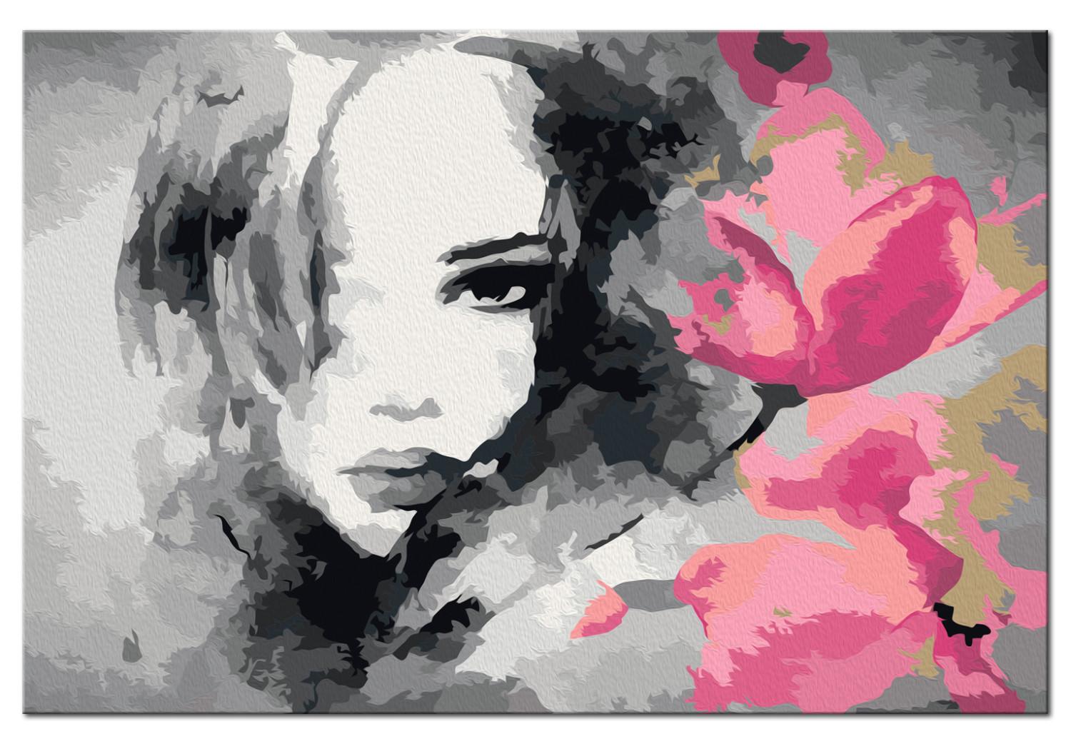 Cuadro para pintar con números Retrato en blanco y negro con una flor rosa