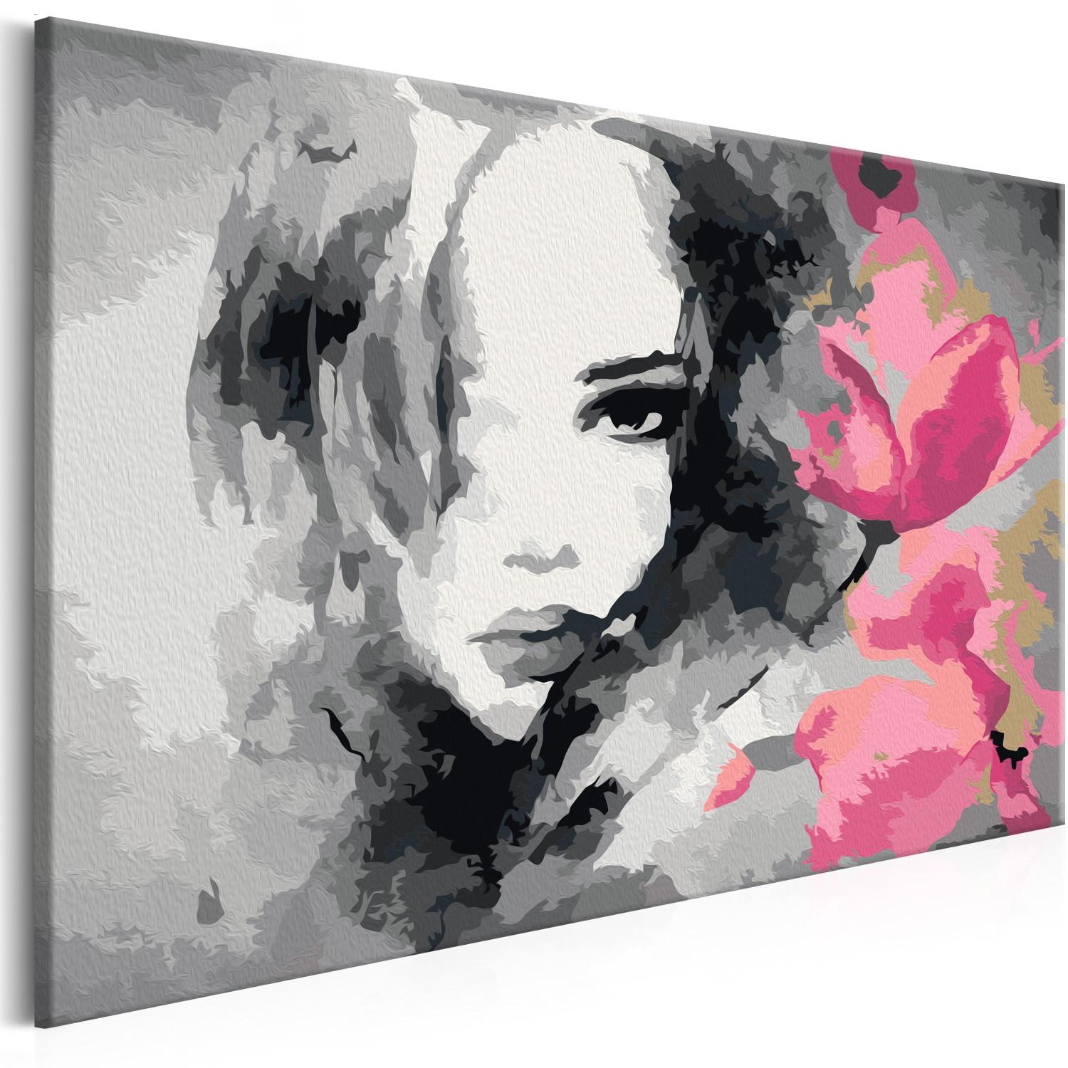 Cuadro para pintar con números Retrato en blanco y negro con una flor rosa