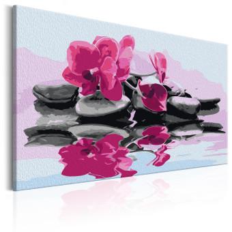 Cuadro para pintar con números Orquídea y piedras zen reflejadas en un espejo del agua