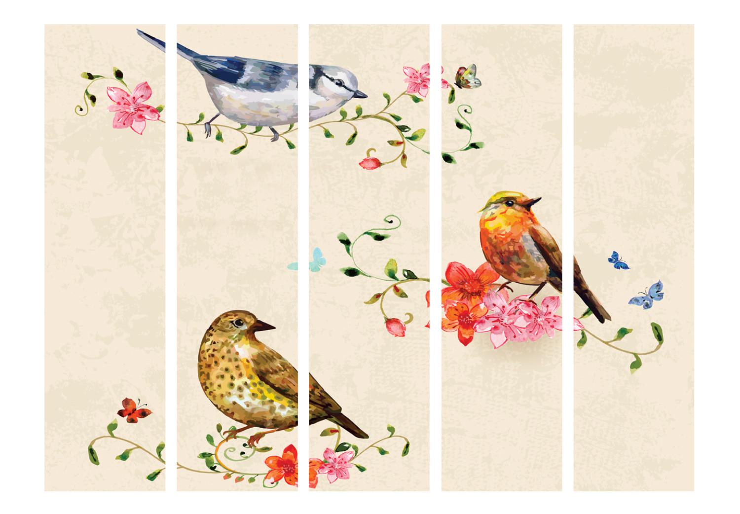 Biombo decorativo Canto degli uccelli II - animali su piante colorate su sfondo beige