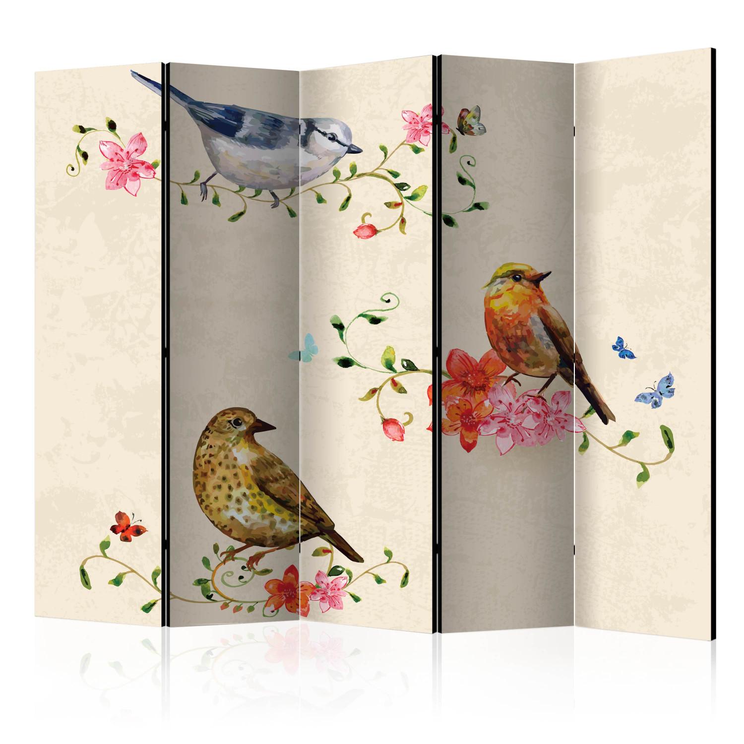Biombo decorativo Canto degli uccelli II - animali su piante colorate su sfondo beige