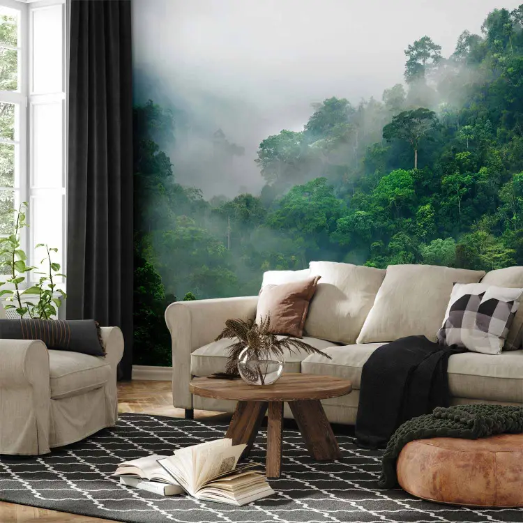 Niebla matutina en el bosque - paisaje montañoso con cumbres cubiertas de vegetación