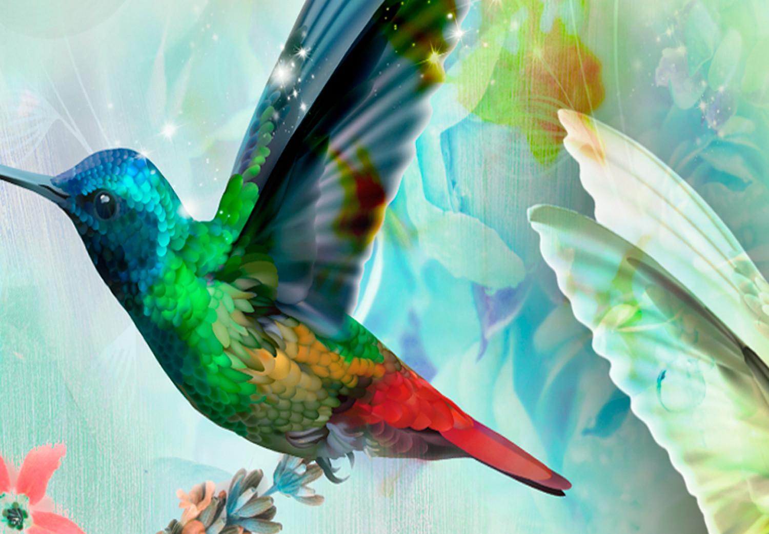 Cuadro Colibríes coloridos (5-pieza) ancho verde - pájaros románticos