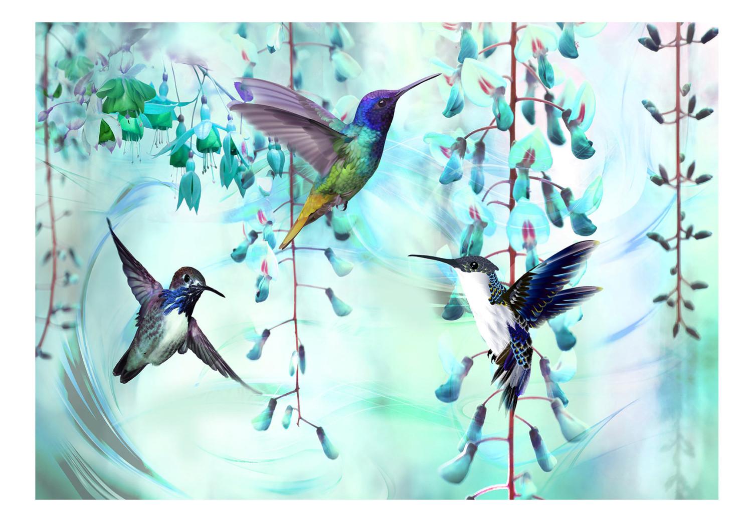 Fotomural decorativo Colibríes volantes - pájaros entre flores verdes