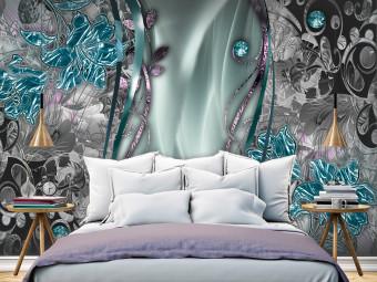 Fotomural Cortina abstracta - ondas con motivo floral azul