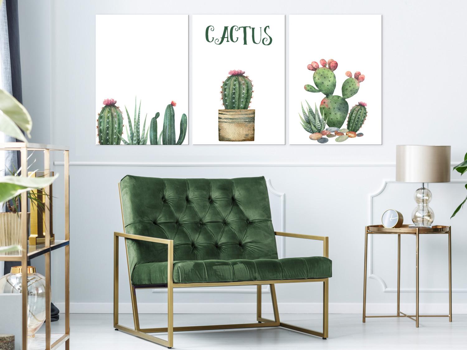 Cuadro moderno Three Cacti - gráficos simplificados y alegres de plantas verdes