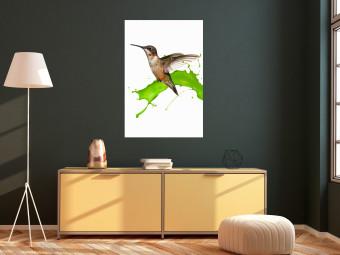 Póster Colibrí en vuelo - ave marrón y salpicaduras de pintura verde