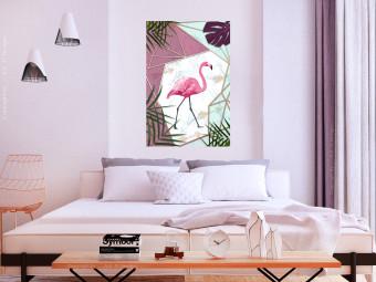 Póster Paseo de flamenco - abstracción geométrica con ave rosa y hojas