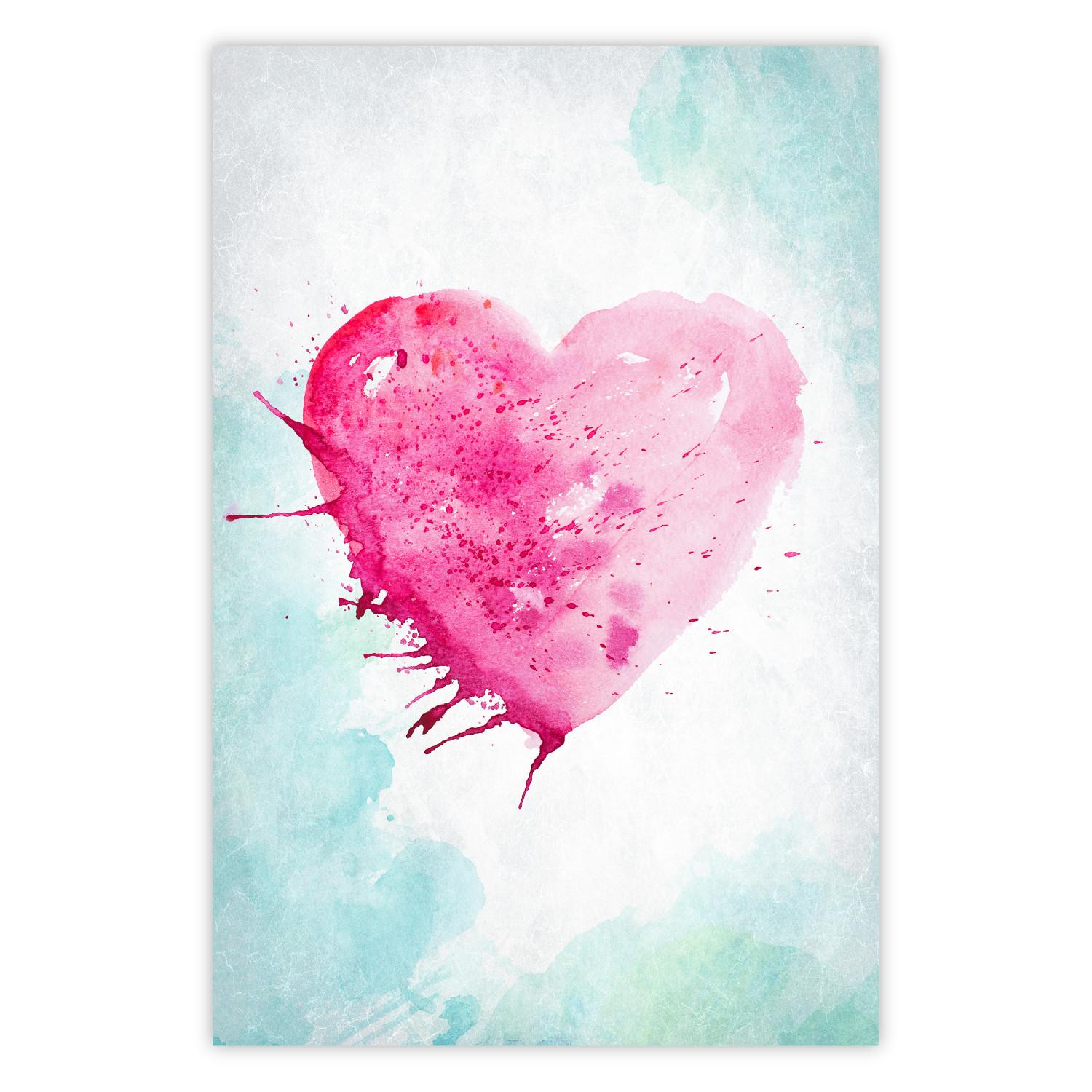 Póster Amor acuarelado - composición con corazón rosa en fondo azul