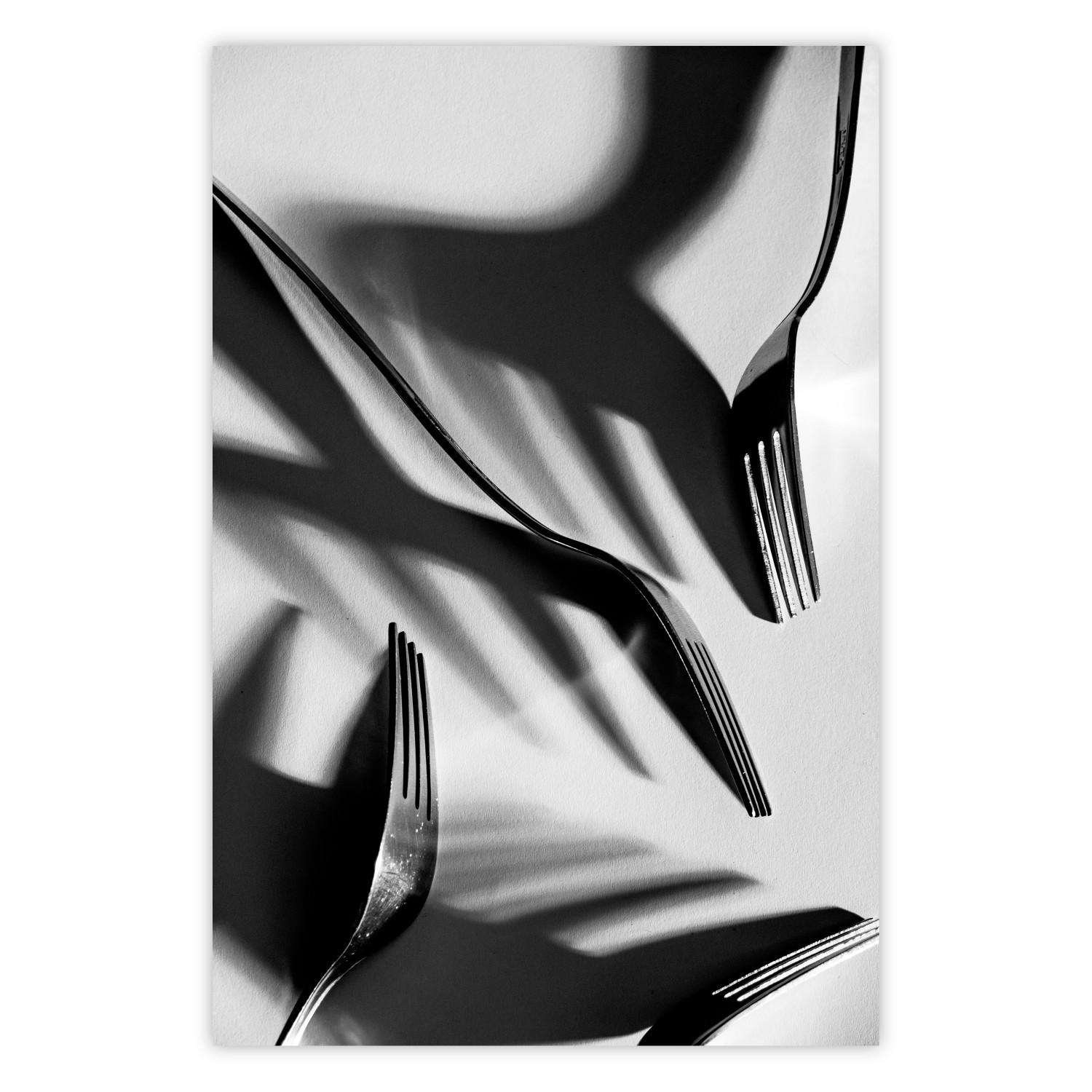 Cartel Cuatro tenedores: composición en blanco y negro con cubiertos retro