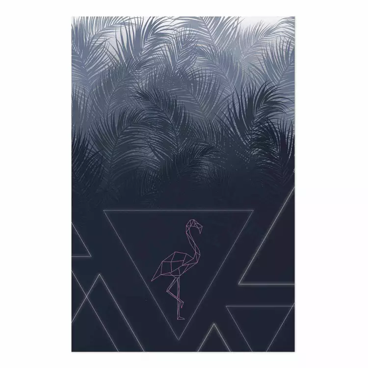 Poster Ave geométrica - Abstracción con un fenicottero y hojas oscuras