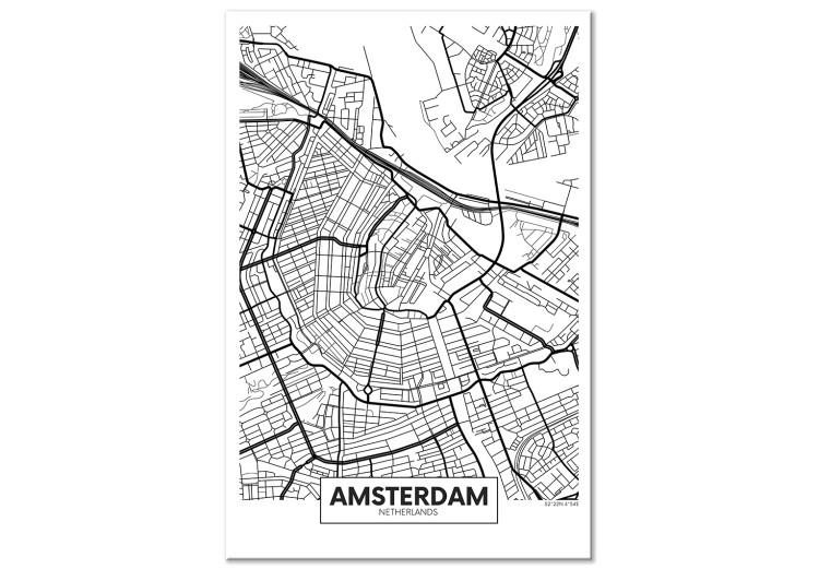 Cuadro en lienzo Calles de Ámsterdam - blanco y negro, mapa lineal de ciudad holandesa