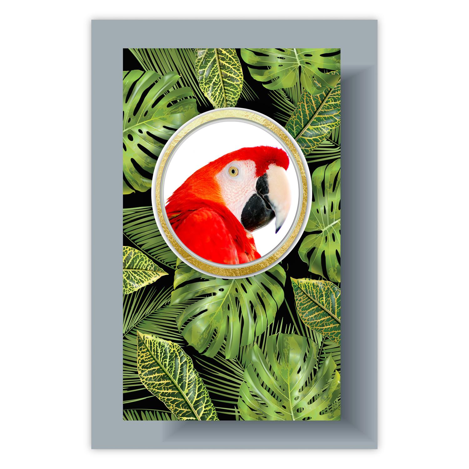Poster Loro en la jungla - ave colorida entre hojas tropicales