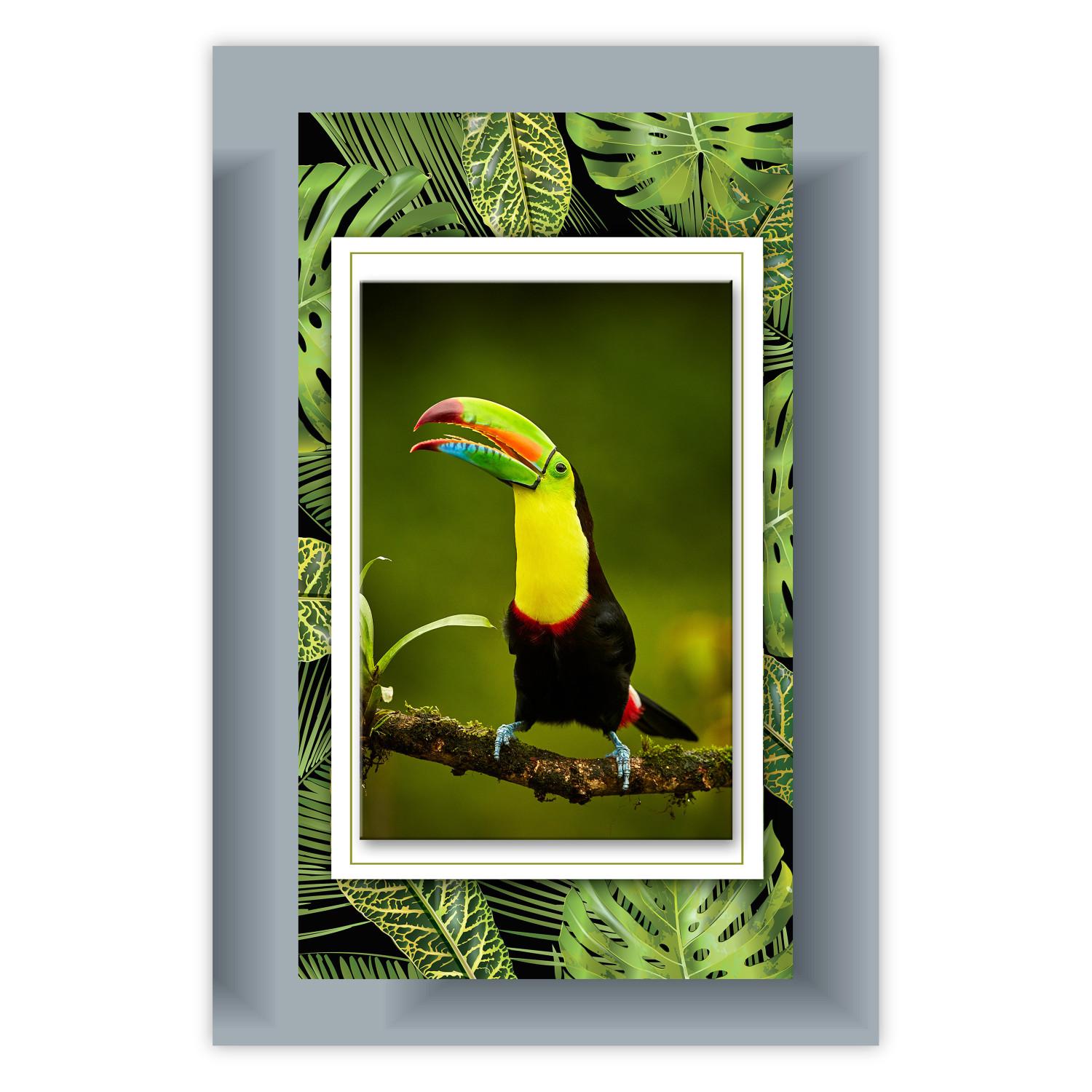Cartel Tucán - un pájaro colorido posado en una rama entre hojas tropicales