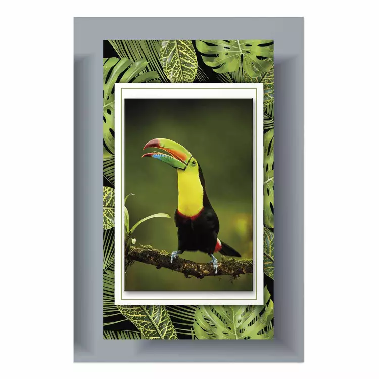 Cartel Tucán - un pájaro colorido posado en una rama entre hojas tropicales