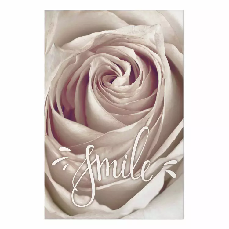 Póster ¡Sonríe! - flor rosa claro y texto blanco en inglés