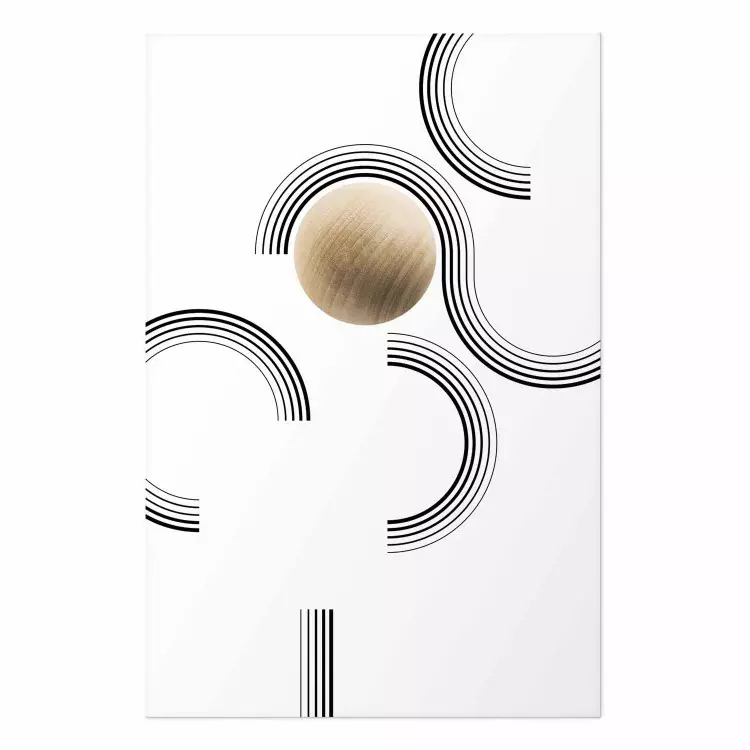 Cartel Bola bloqueada - abstracción geométrica en blanco y negro con madera