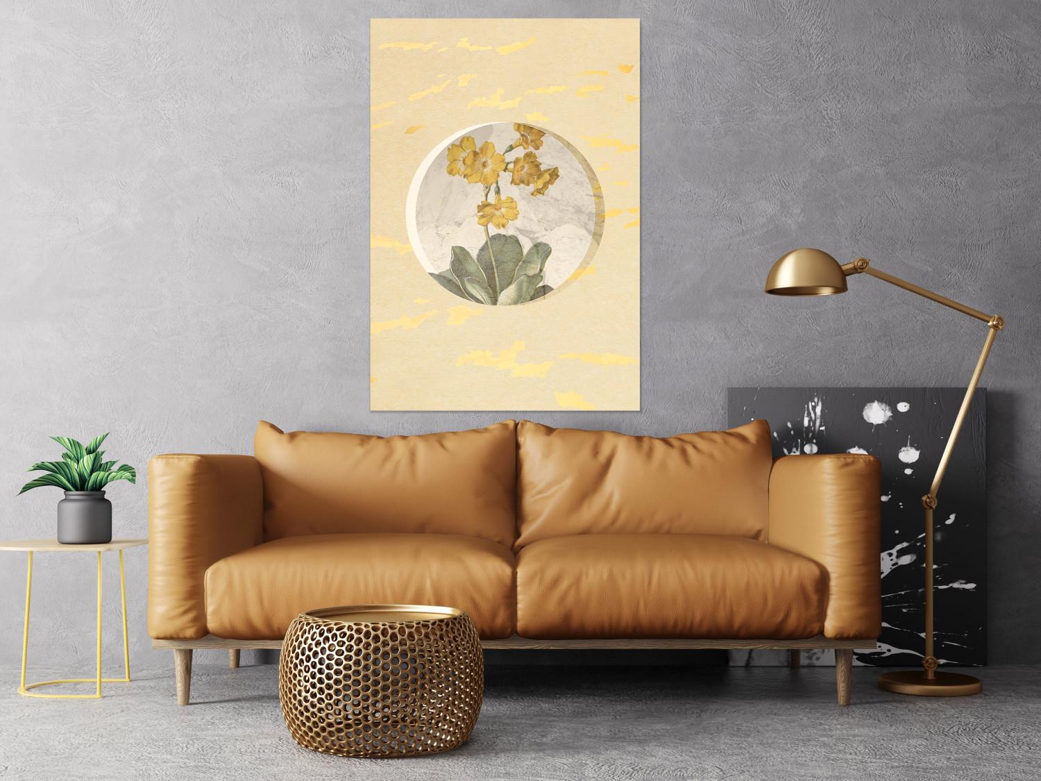 Póster Flor en círculo: vegetal fondo amarillo y oro