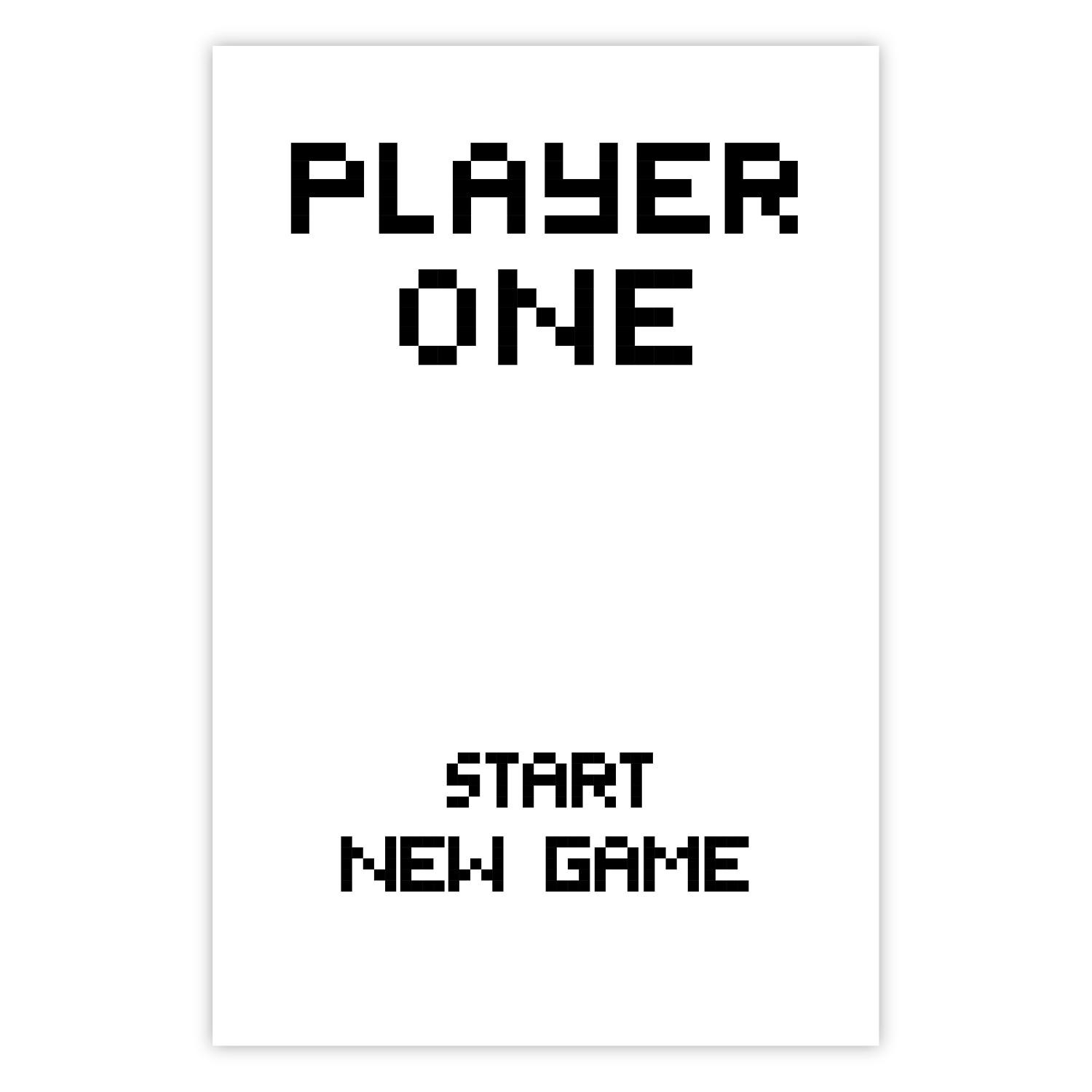 Poster Nuevo juego: composición simple blanco y negro, subtítulos inglés