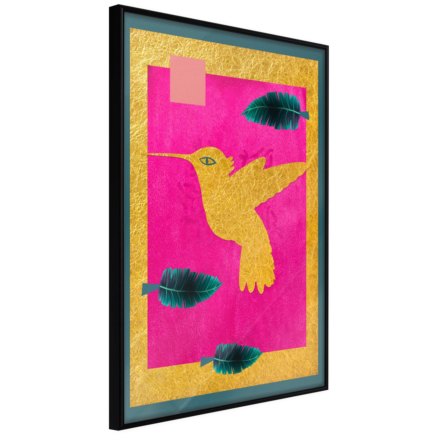 Set de poster Colibrí dorado - abstracción pájaro, hojas rosa