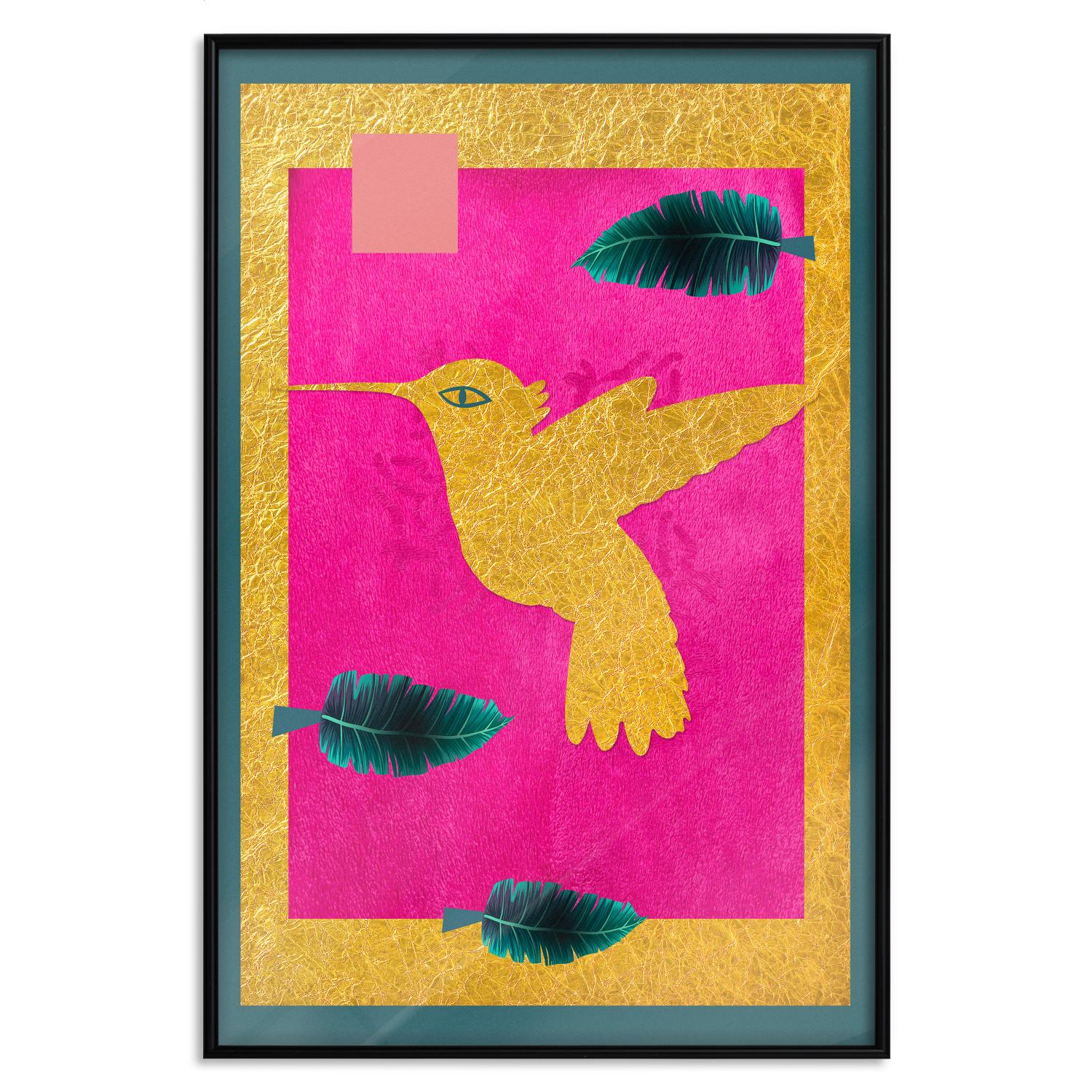 Set de poster Colibrí dorado - abstracción pájaro, hojas rosa