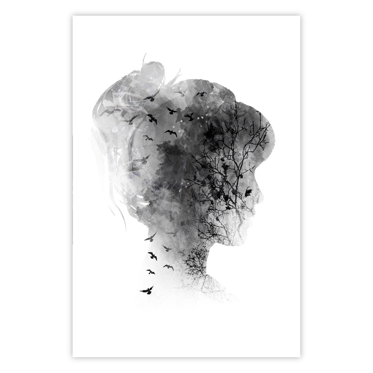 Cartel Mente abierta: abstracción blanco y negro retrato mujer pájaros