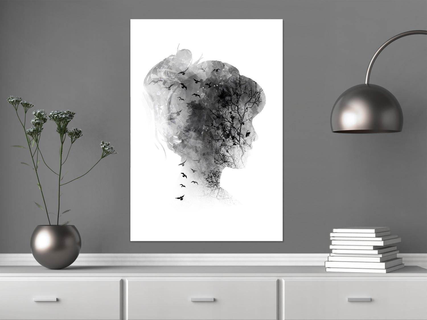 Cartel Mente abierta: abstracción blanco y negro retrato mujer pájaros