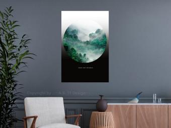 Poster Nunca dejes explorar: paisaje árboles niebla, inscripción blanca