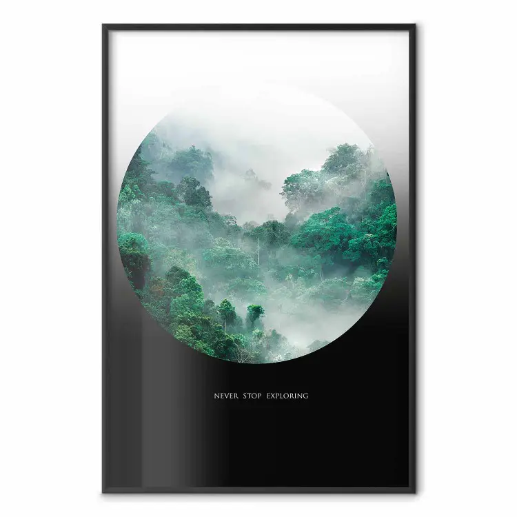 Nunca dejes explorar: paisaje árboles niebla, inscripción blanca