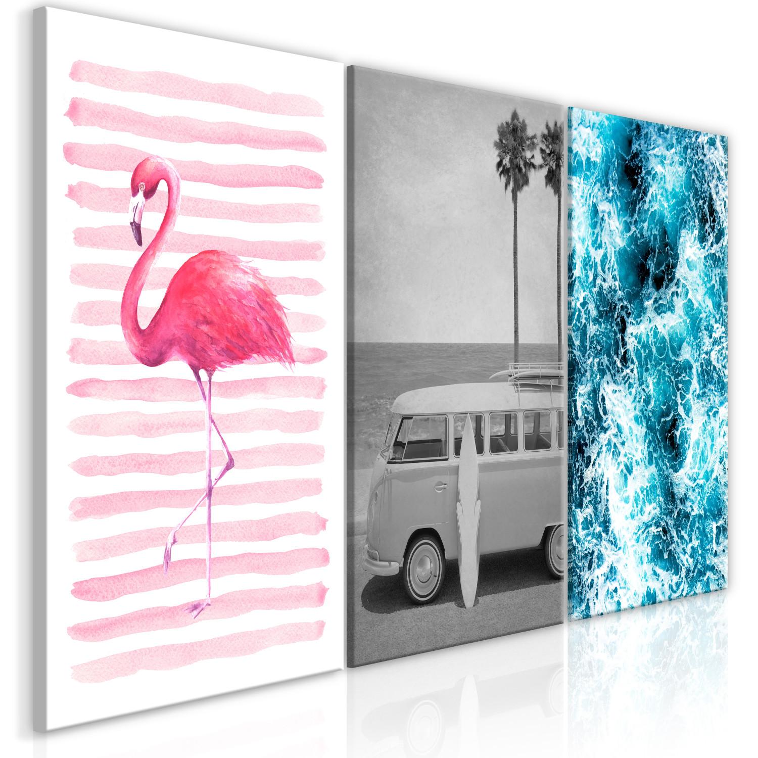 Cuadro Símbolos de Miami - flamingo, coche viejo, van, tabla de surf y mar