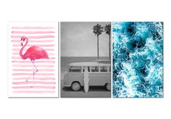 Cuadro Símbolos de Miami - flamingo, coche viejo, van, tabla de surf y mar