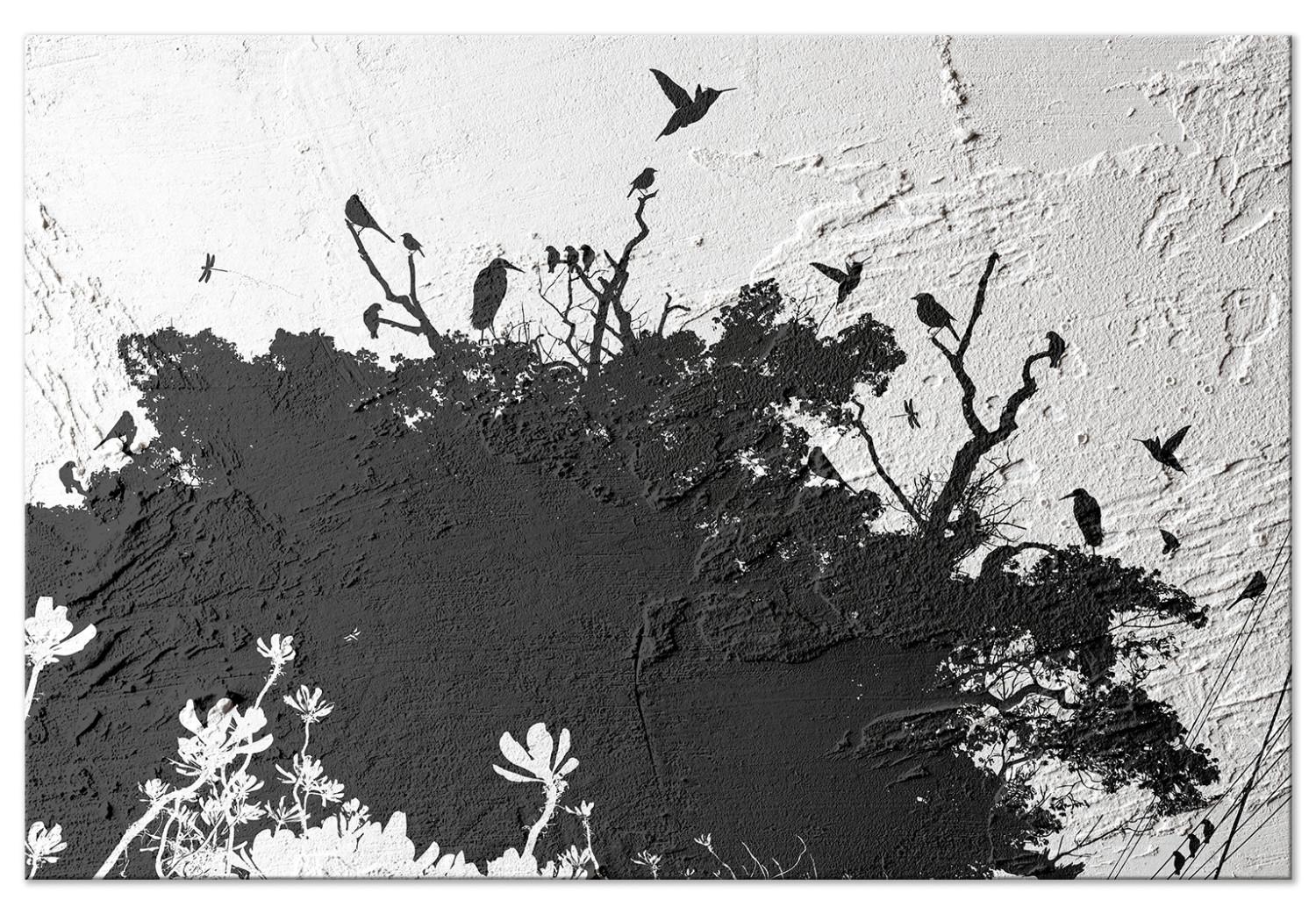 Cuadro decorativo Refugio aviar (1 pieza) - sombra de árbol en fondo blanco y negro