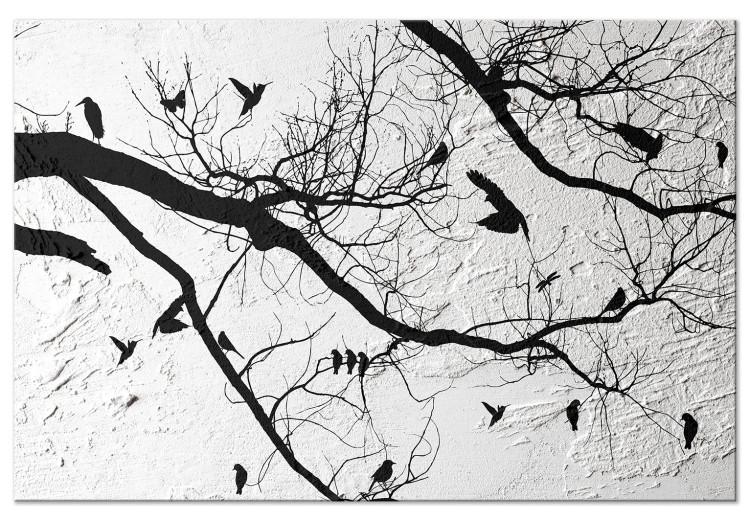 Cuadro en lienzo Pájaros en árbol - paisaje negro de naturaleza en el fondo de hormigón