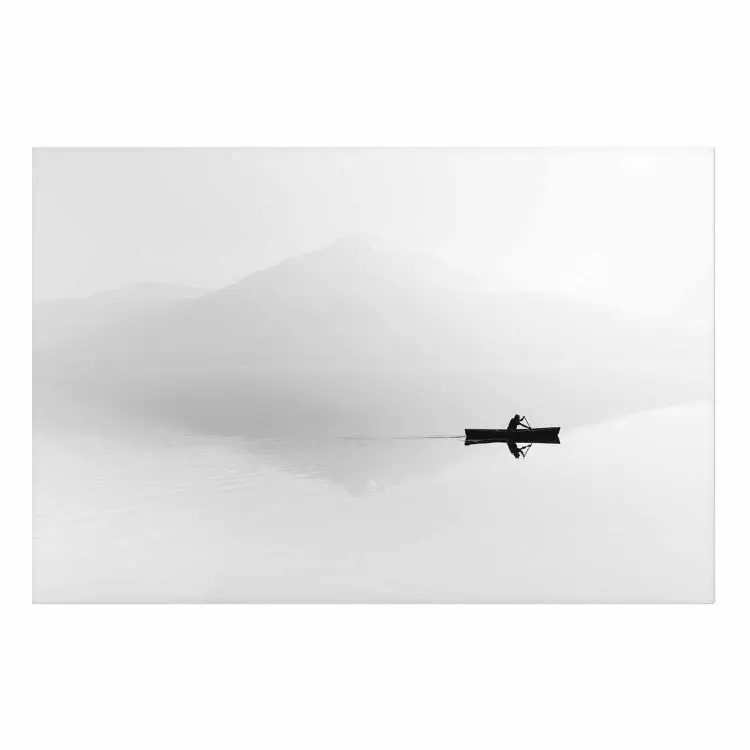 Cartel Niebla en el lago: blanco y negro con barca