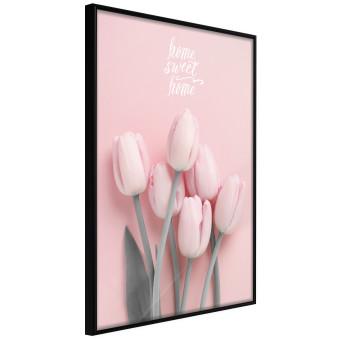 Seis tulipanes: flores rosadas inscripciones fondo pastel
