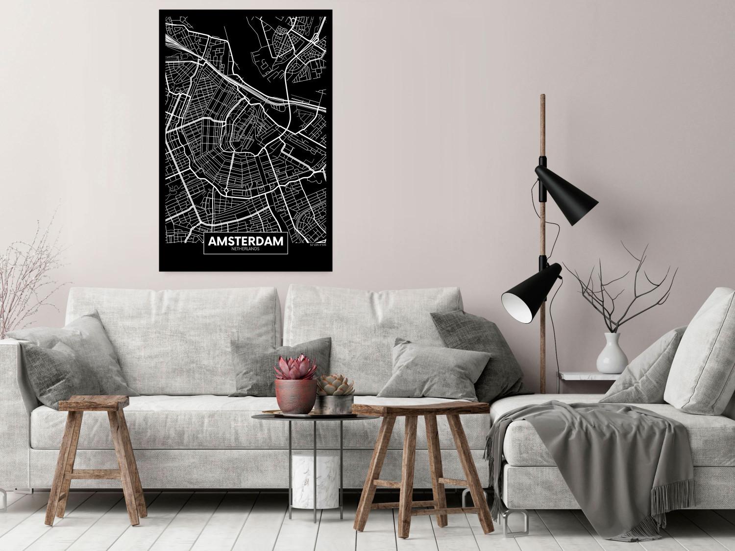 Cartel Mapa oscuro Ámsterdam: blanco y negro, letras simples