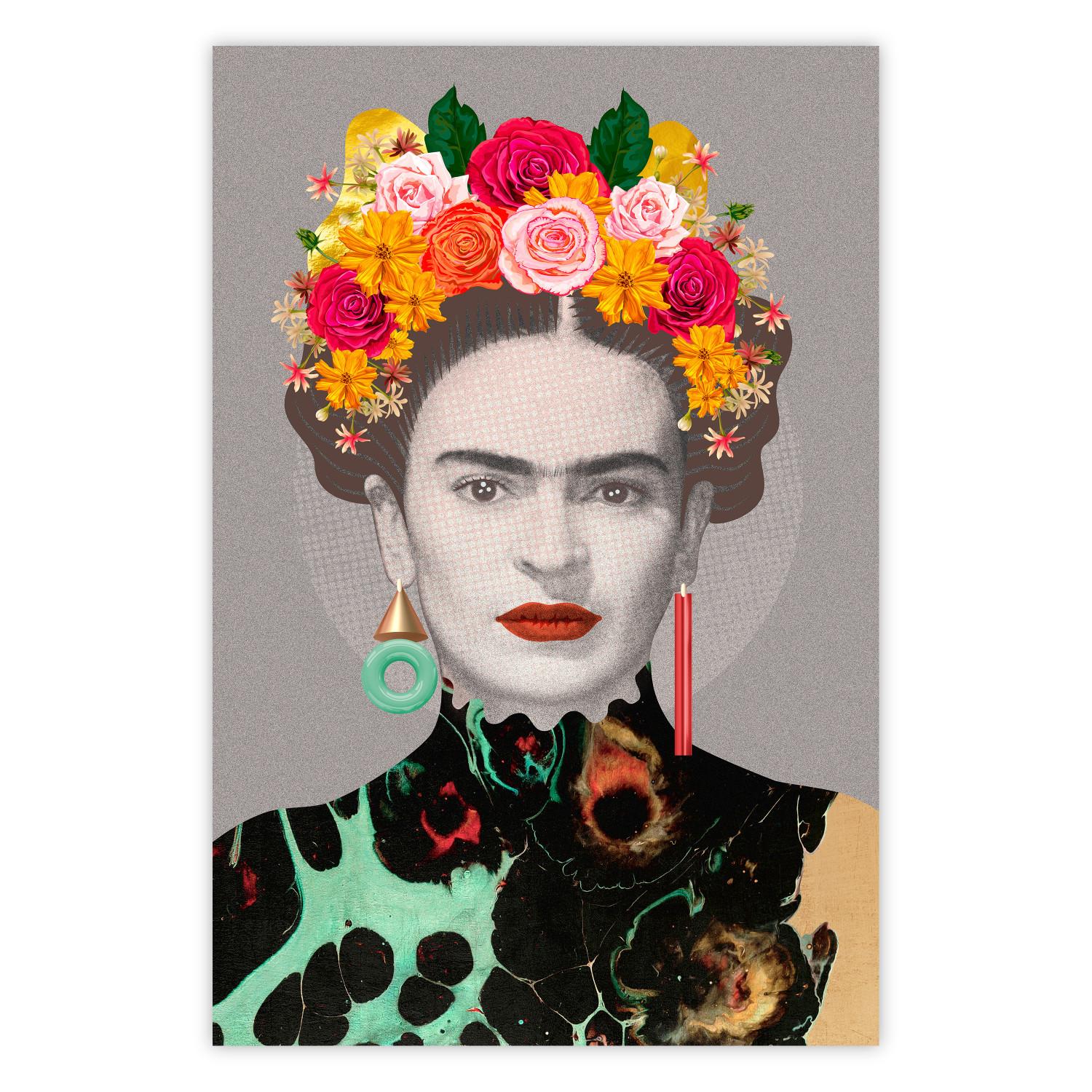 Cartel Majestic Frida: paisaje moderno de una mujer con flores de colores
