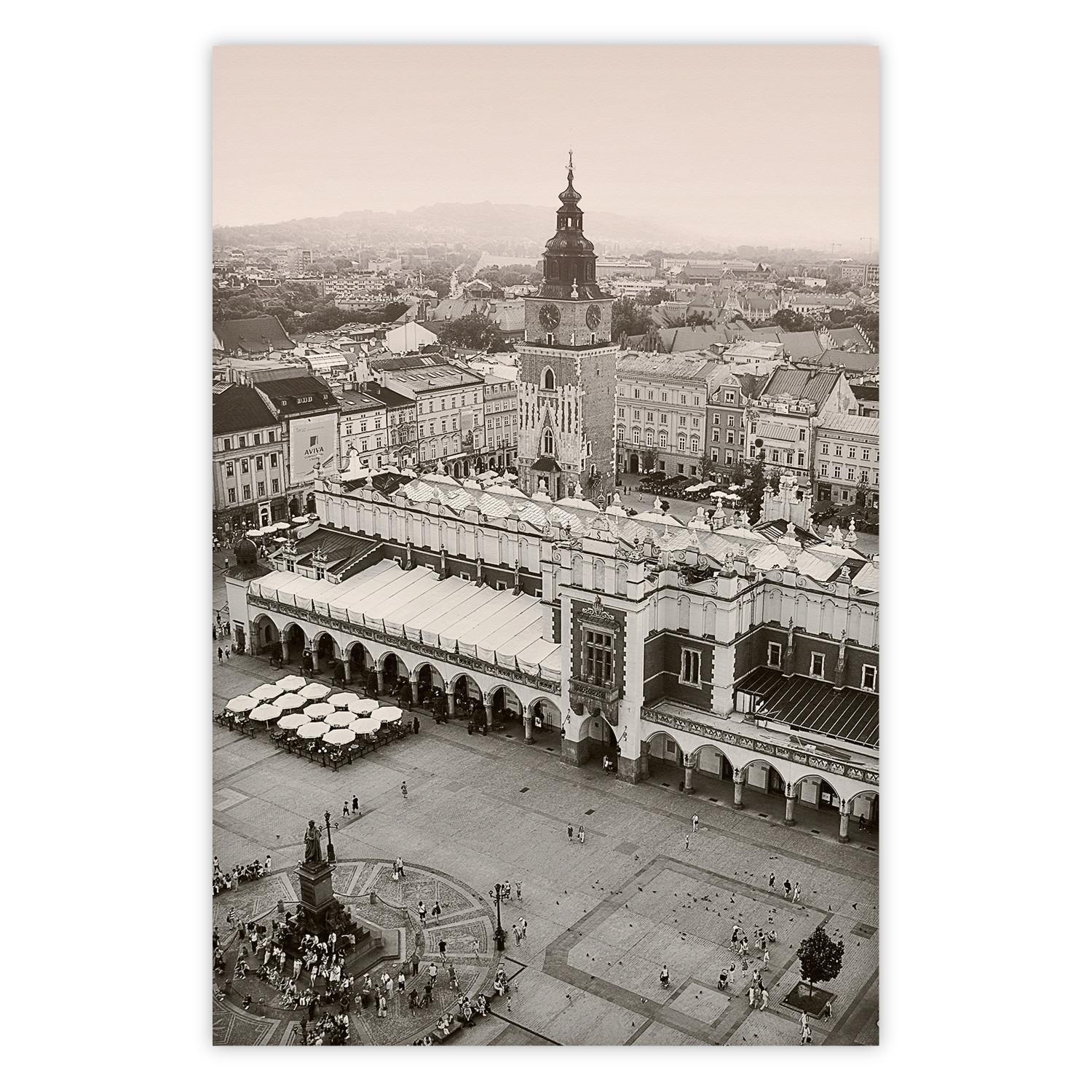 Cartel Cracovia: Sukiennice: arquitectura sepia vista pájaro