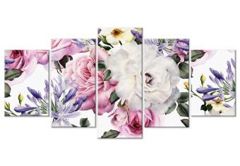 Cuadro Girly Roses - flores y hojas coloridas y pastel sobre un fondo blanco